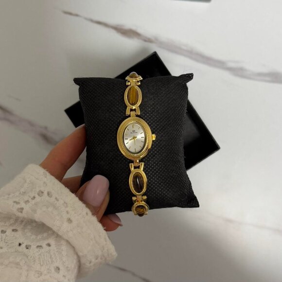 Sku0479 Retro Gold White dial Brown Gemstones Women Fashion Oval Watch +gift bag main image 8